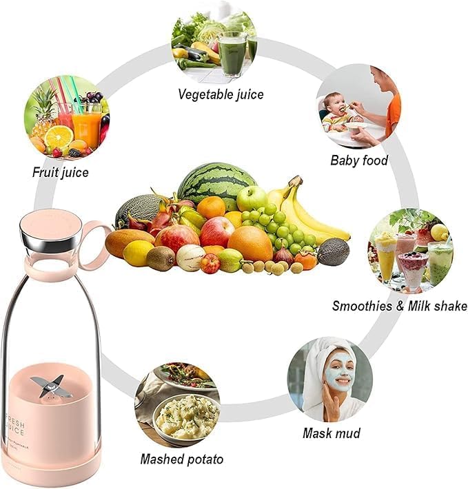Portable USB Rechargeable Blender, 350ml Personal Size Juicer with 4 Stainless Steel Blades, Food Grade Jar, Pink