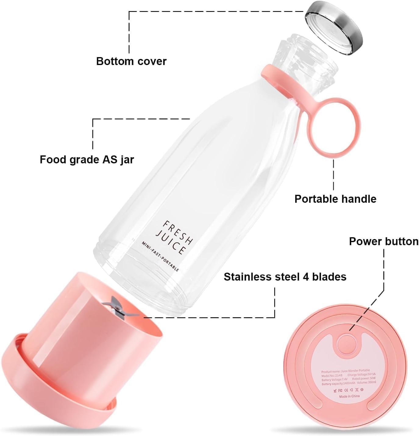 Portable USB Rechargeable Blender, 350ml Personal Size Juicer with 4 Stainless Steel Blades, Food Grade Jar, Pink