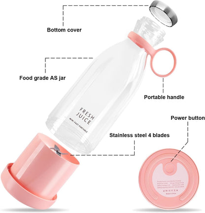 Portable USB Rechargeable Blender, 350ml Personal Size Juicer with 4 Stainless Steel Blades, Food Grade Jar, Pink
