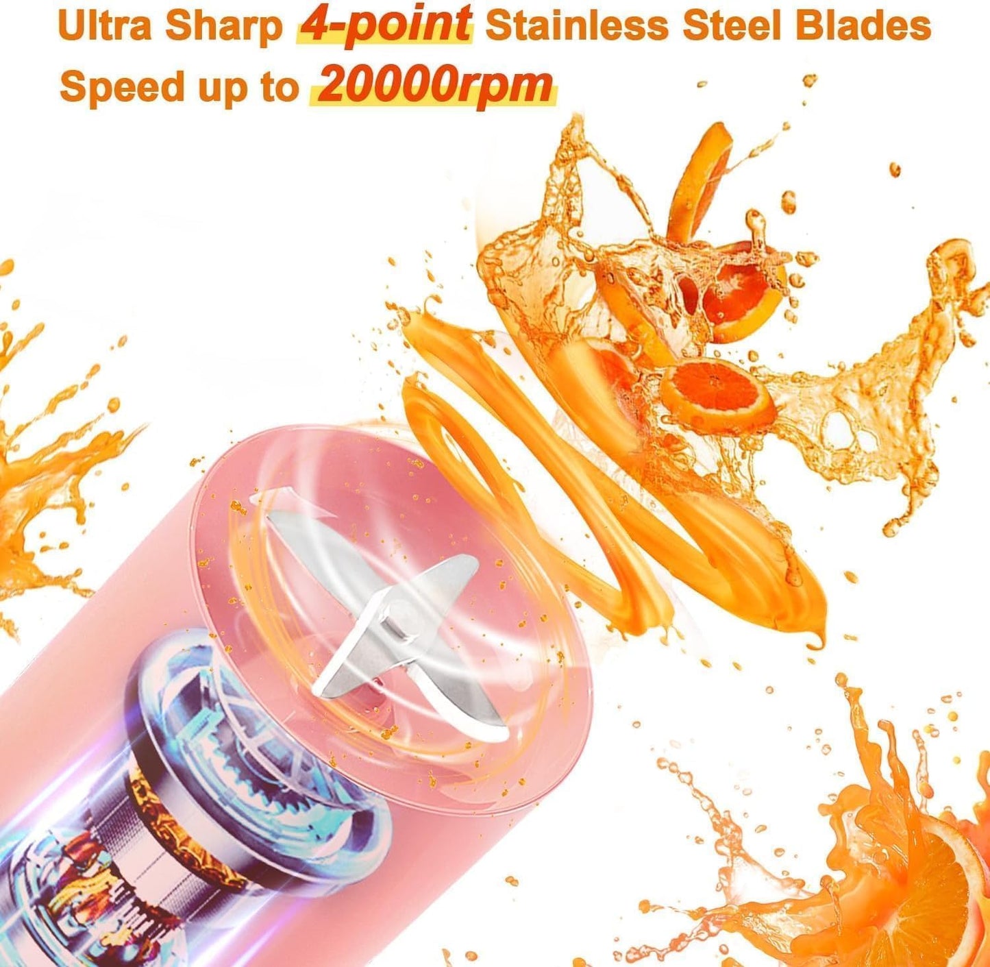 Portable USB Rechargeable Blender, 350ml Personal Size Juicer with 4 Stainless Steel Blades, Food Grade Jar, Pink