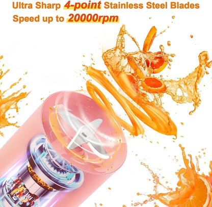 Portable USB Rechargeable Blender, 350ml Personal Size Juicer with 4 Stainless Steel Blades, Food Grade Jar, Pink